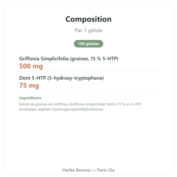 Griffonia 5-HTP 75 mg – 100 gélules végétales composition valeurs nutritionnelles Paris Herba Barona