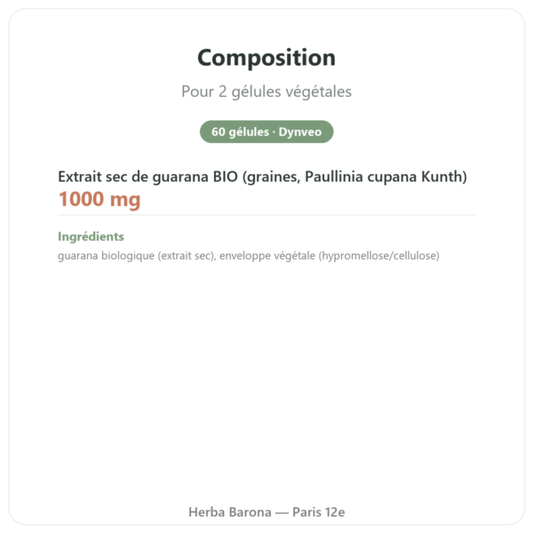 Guarana bio caféine – Dynveo – 60 gélules composition valeurs nutritionnelles Paris Herba Barona