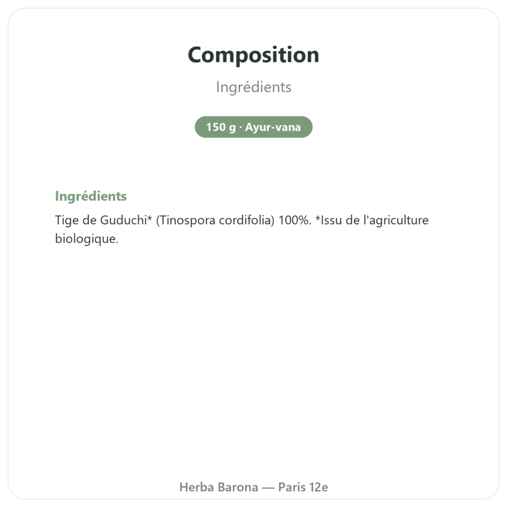 Guduchi bio - Sachet de poudre - 150 g - Ayur-vana composition valeurs nutritionnelles Paris Herba Barona