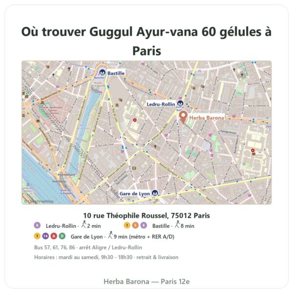 Ou trouver Guggul Ayur-vana 60 gélules a Paris - plan boutique Herba Barona Paris 12e