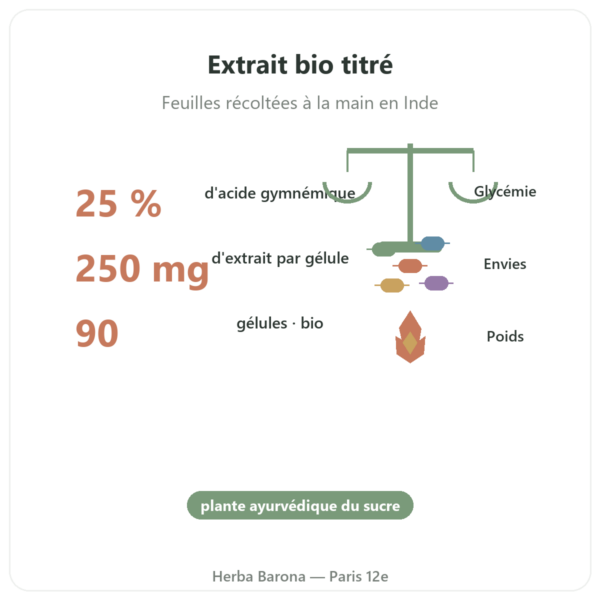 Gymnema Sylvestris BIO Dynveo 90 Gél. 250 mg Acide Gymnémique 25% bienfaits et chiffres Paris Herba Barona