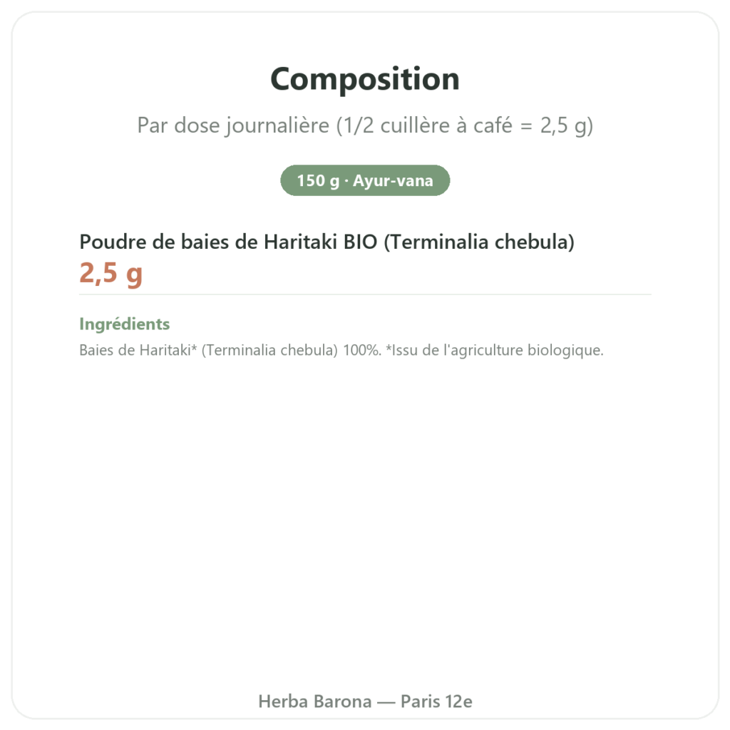 Haritaki bio - Sachet de poudre - 150 g - Ayur-vana composition valeurs nutritionnelles Paris Herba Barona