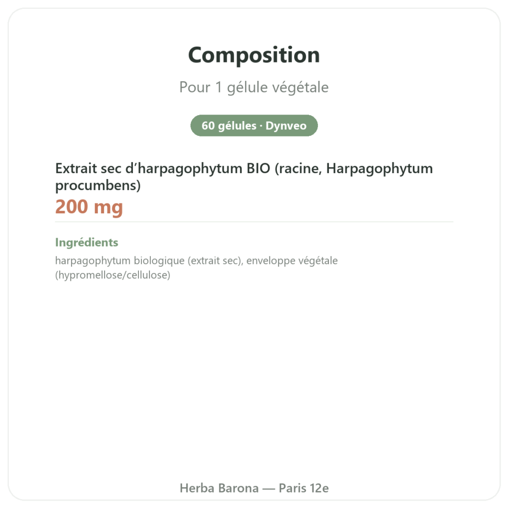 HARPAGOPHYTUM Bio – 60 gélules – DYNVEO ultra dosé composition valeurs nutritionnelles Paris Herba Barona