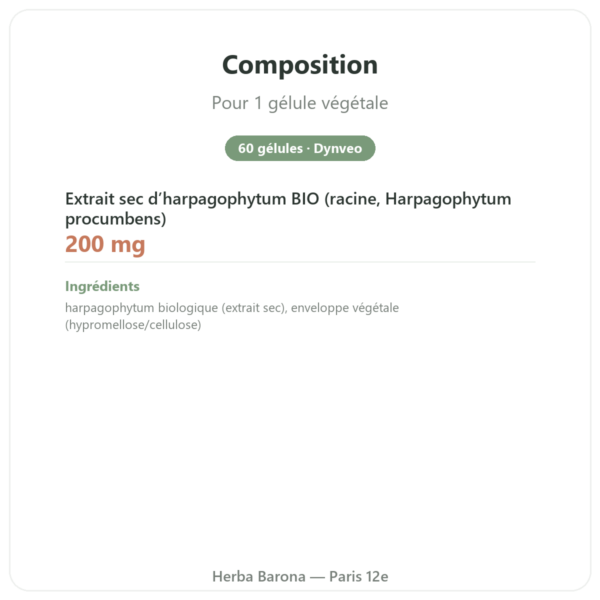 HARPAGOPHYTUM Bio – 60 gélules – DYNVEO ultra dosé composition valeurs nutritionnelles Paris Herba Barona