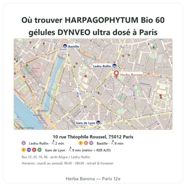 Ou trouver HARPAGOPHYTUM Bio 60 gélules DYNVEO ultra dosé a Paris - plan boutique Herba Barona Paris 12e