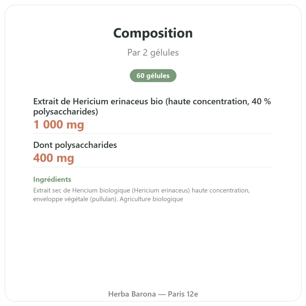 Hericium bio 500mg extrait haute concentration – 60 gélules composition valeurs nutritionnelles Paris Herba Barona