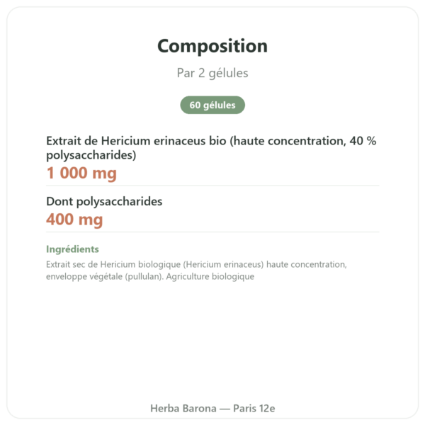 Hericium bio 500mg extrait haute concentration – 60 gélules composition valeurs nutritionnelles Paris Herba Barona