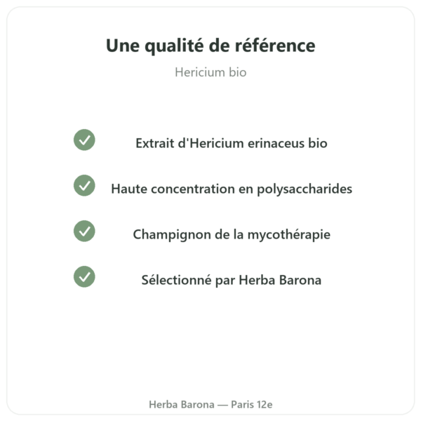 Hericium bio 500mg extrait haute concentration – 60 gélules qualite Paris Herba Barona