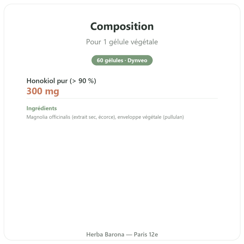 Honokiol Pur – 300mg – Magnolia Bark Extract – 60 gélules composition valeurs nutritionnelles Paris Herba Barona