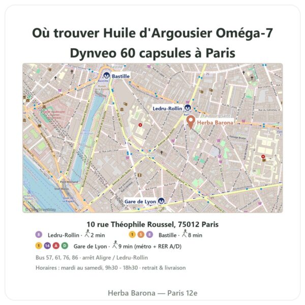 Ou trouver Huile d'Argousier Oméga-7 Dynveo 60 capsules a Paris - plan boutique Herba Barona Paris 12e