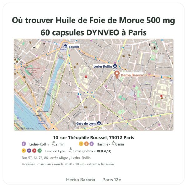 Ou trouver Huile de Foie de Morue 500 mg 60 capsules DYNVEO a Paris - plan boutique Herba Barona Paris 12e