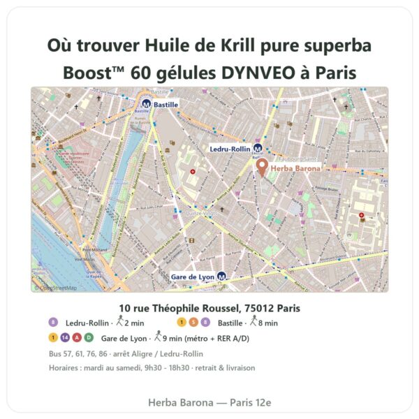 Ou trouver Huile de Krill pure superba Boost™ 60 gélules DYNVEO a Paris - plan boutique Herba Barona Paris 12e
