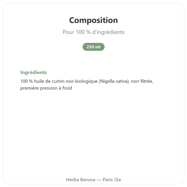 Huile de nigelle BIO non filtrée 250 ml – Krauterland composition valeurs nutritionnelles Paris Herba Barona