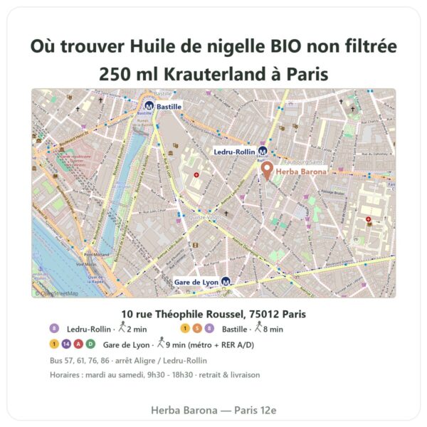 Ou trouver Huile de nigelle BIO non filtrée 250 ml Krauterland a Paris - plan boutique Herba Barona Paris 12e
