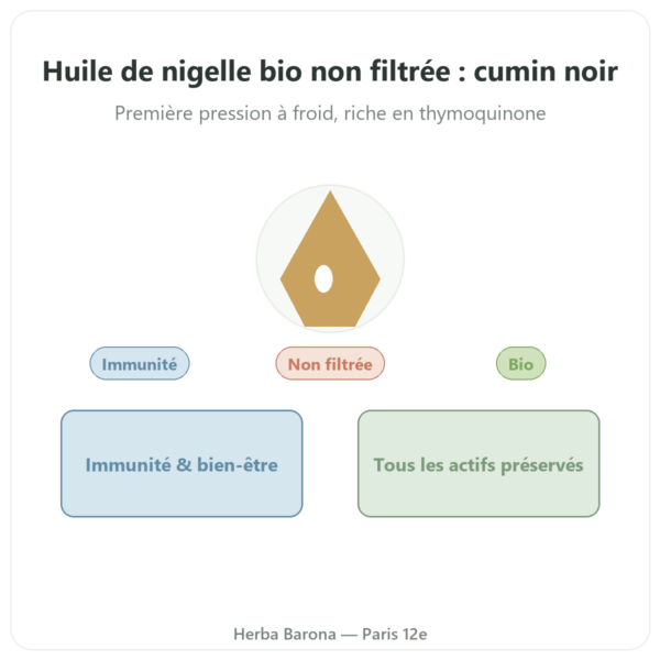 Huile de nigelle BIO non filtrée 250 ml – Krauterland presentation Paris Herba Barona
