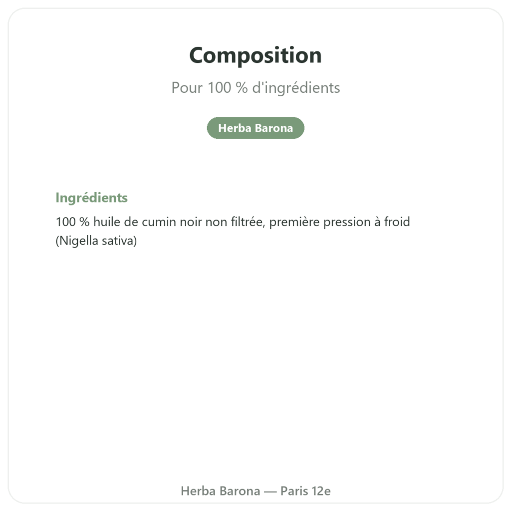 Huile de Nigelle Cumin Noir Non Filtree 1L Krauterland - Acheter composition valeurs nutritionnelles Paris Herba Barona