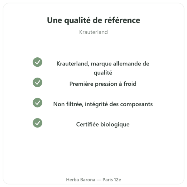 Huile de nigelle non filtrée bio 500 ml Krauterland qualite Paris Herba Barona