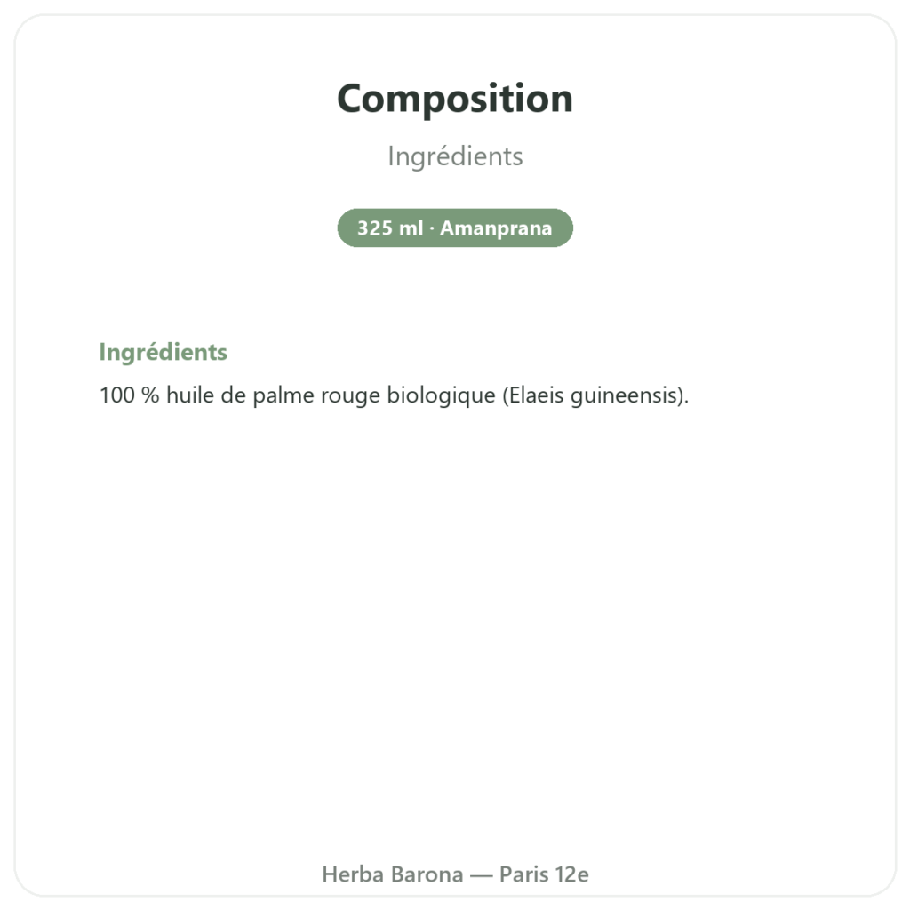Huile de Palme Rouge bio – Amanprana – 325 ml composition valeurs nutritionnelles Paris Herba Barona