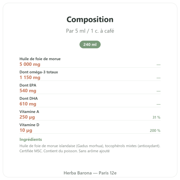 Huile Foie de Morue Nature LYSI Islande 240ml composition valeurs nutritionnelles Paris Herba Barona