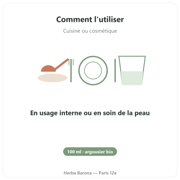 Huile Végétale d'Argousier Bio – Flacon 100ml – Hydratation Peau & Muqueuses Omega 7 – Biokhaan mode emploi conseil de prise Paris Herba Barona