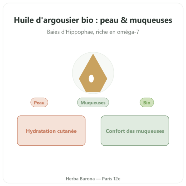 Huile Végétale d'Argousier Bio – Flacon 100ml – Hydratation Peau & Muqueuses Omega 7 – Biokhaan presentation Paris Herba Barona