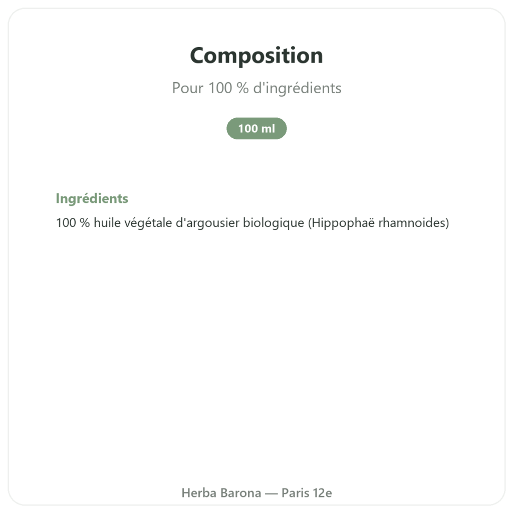 Huile Végétale d'Argousier Bio – Flacon 100ml – Hydratation Peau & Muqueuses Omega 7 – Biokhaan composition valeurs nutritionnelles Paris Herba Barona