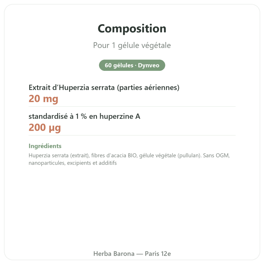 Huperzine A – Dynveo – 60 gélules composition valeurs nutritionnelles Paris Herba Barona