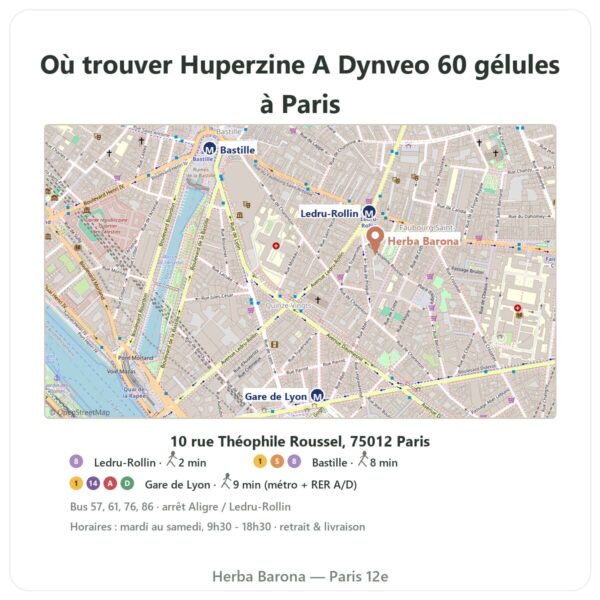 Ou trouver Huperzine A Dynveo 60 gélules a Paris - plan boutique Herba Barona Paris 12e