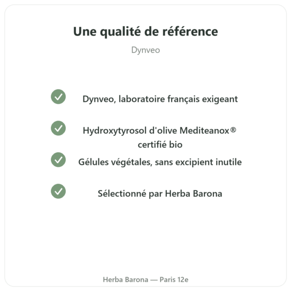 Hydroxytyrosol extrait d'olive BIO Dynveo 60 gélules qualite Paris Herba Barona