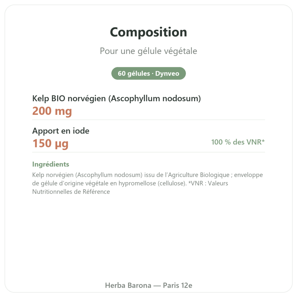 Iode d'algue Kelp bio Dynveo – 150µg – 60 gélules composition valeurs nutritionnelles Paris Herba Barona