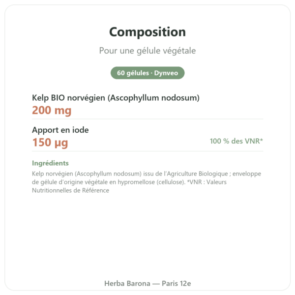 Iode d'algue Kelp bio Dynveo – 150µg – 60 gélules composition valeurs nutritionnelles Paris Herba Barona