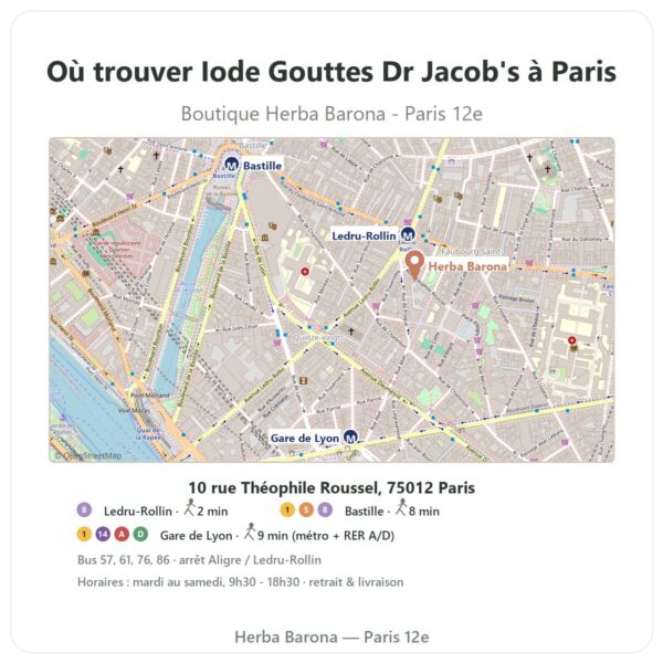 Ou trouver Iode Gouttes Dr Jacob's a Paris - plan boutique Herba Barona Paris 12e