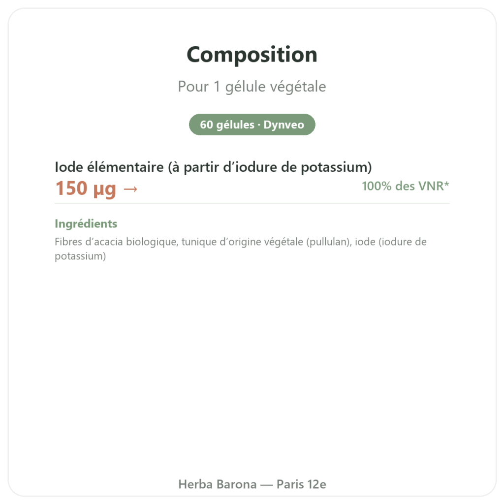 Iodure de potassium – Dynveo – 60 gélules composition valeurs nutritionnelles Paris Herba Barona