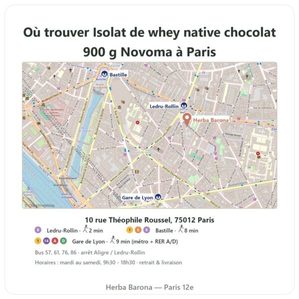 Ou trouver Isolat de whey native chocolat 900 g Novoma a Paris - plan boutique Herba Barona Paris 12e