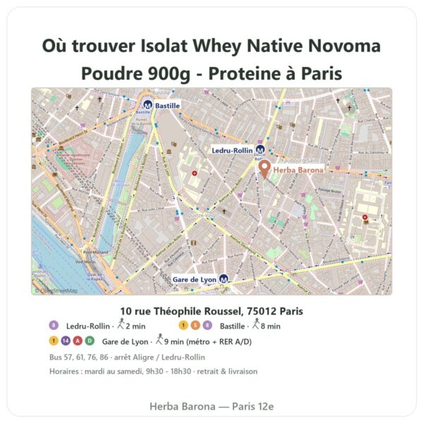 Ou trouver Isolat Whey Native Novoma Poudre 900g - Proteine a Paris - plan boutique Herba Barona Paris 12e