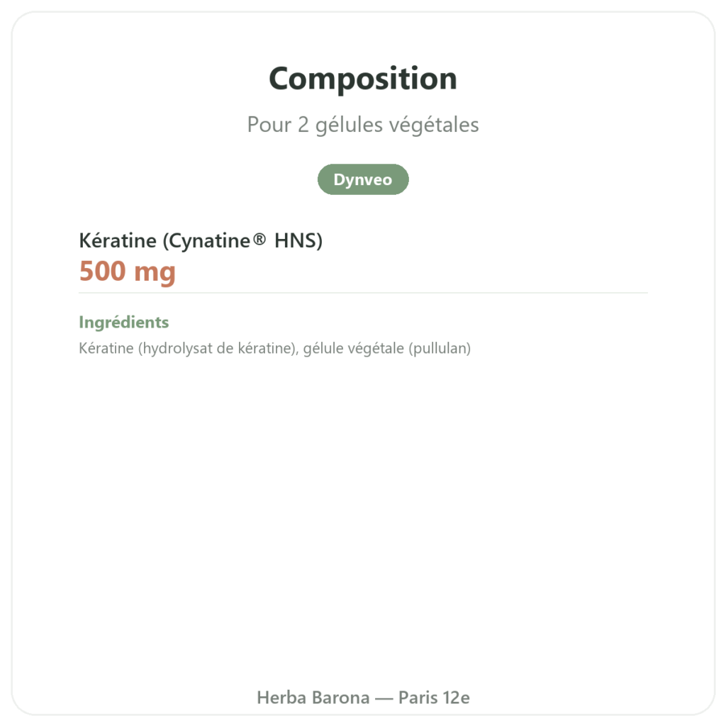 Kératine Dynveo 60 gel composition valeurs nutritionnelles Paris Herba Barona