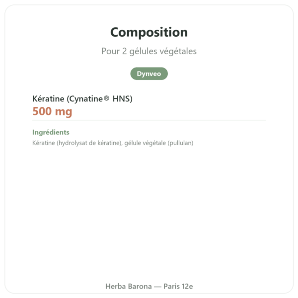 Kératine Dynveo 60 gel composition valeurs nutritionnelles Paris Herba Barona
