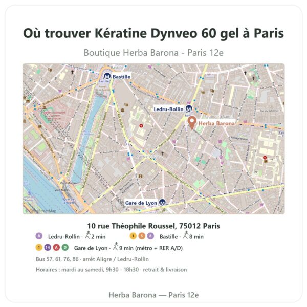 Ou trouver Kératine Dynveo 60 gel a Paris - plan boutique Herba Barona Paris 12e