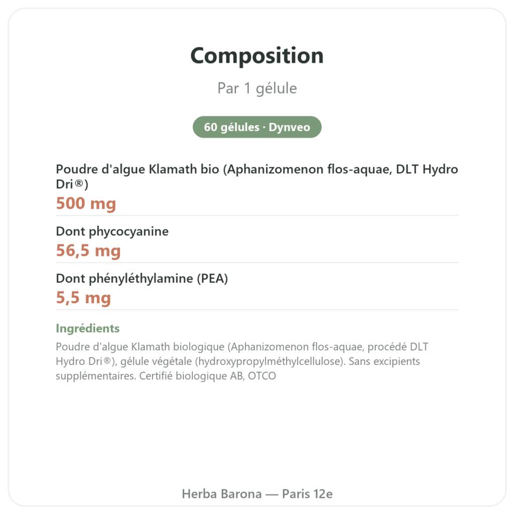 Klamath bio (AFA) – Dynveo – DLT Hydro Dri® – 500mg / 60 gélules composition valeurs nutritionnelles Paris Herba Barona