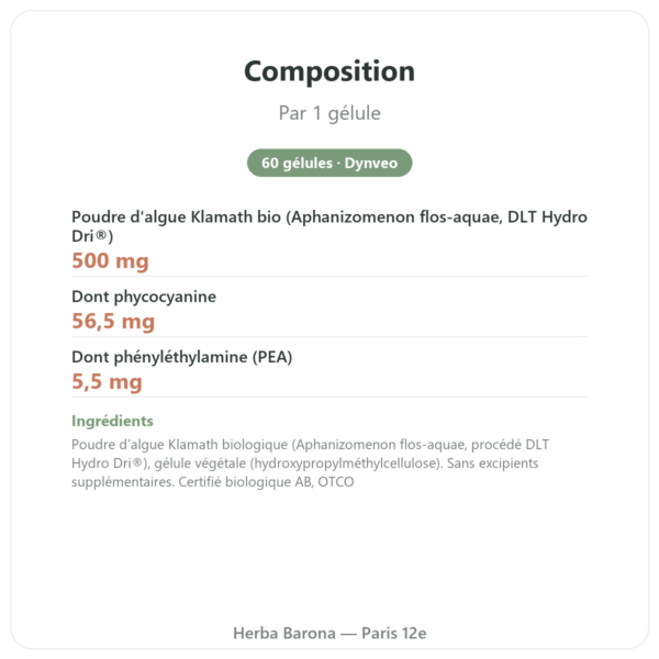 Klamath bio (AFA) – Dynveo – DLT Hydro Dri® – 500mg / 60 gélules composition valeurs nutritionnelles Paris Herba Barona