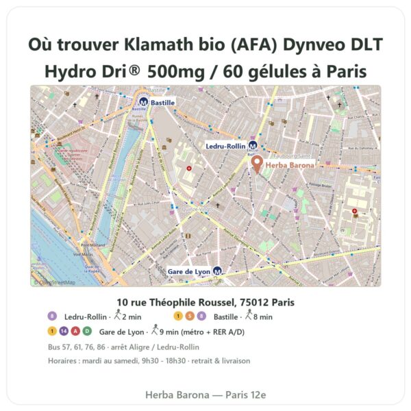 Ou trouver Klamath bio (AFA) Dynveo DLT Hydro Dri® 500mg / 60 gélules a Paris - plan boutique Herba Barona Paris 12e