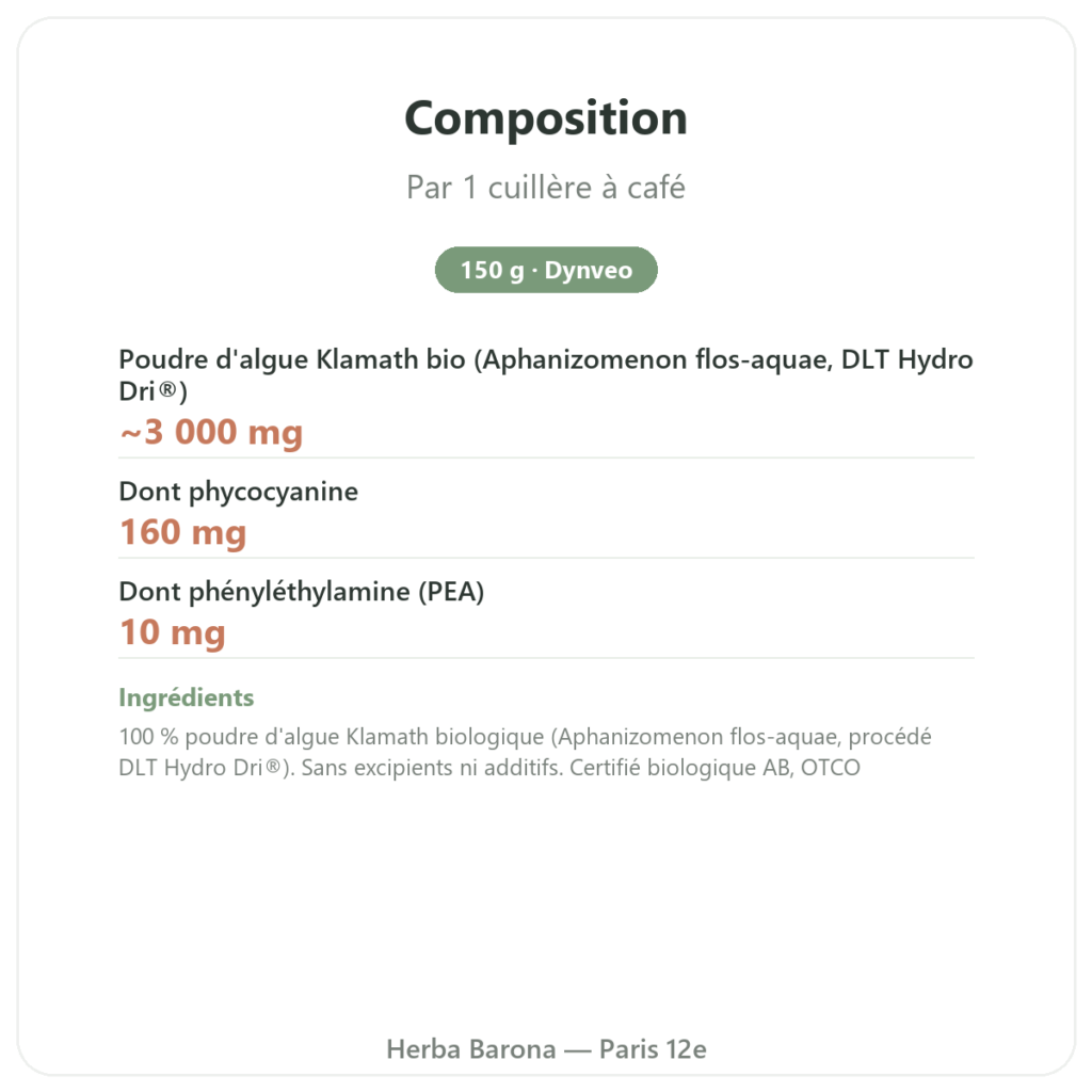 Klamath bio en Poudre 150 g – Dynveo composition valeurs nutritionnelles Paris Herba Barona