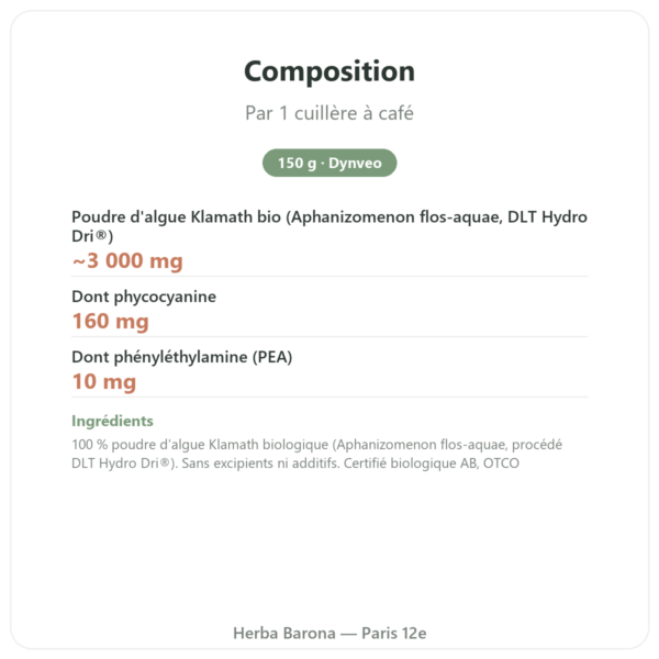 Klamath bio en Poudre 150 g – Dynveo composition valeurs nutritionnelles Paris Herba Barona