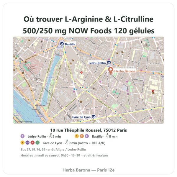 Ou trouver L-Arginine & L-Citrulline 500/250 mg NOW Foods 120 gélules végétales a Paris - plan boutique Herba Barona Paris 12e