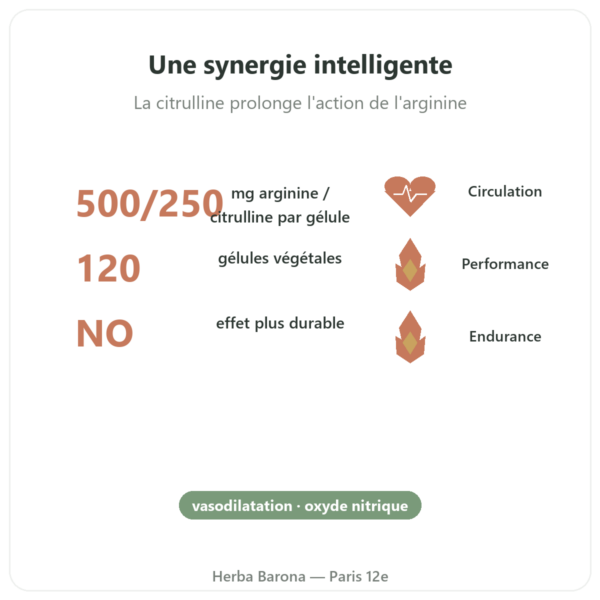 L-Arginine & L-Citrulline 500/250 mg – NOW Foods – 120 gélules végétales bienfaits et chiffres Paris Herba Barona
