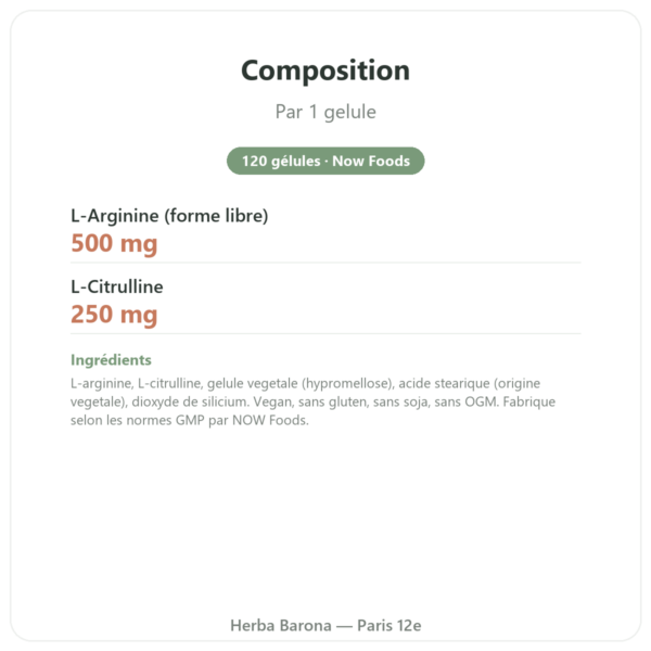 L-Arginine & L-Citrulline 500/250 mg – NOW Foods – 120 gélules végétales composition valeurs nutritionnelles Paris Herba Barona