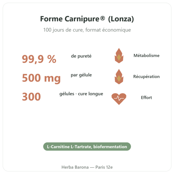 L-carnitine Dynveo (tartrate) Carnipure® – 500mg / 300 gélules bienfaits et chiffres Paris Herba Barona