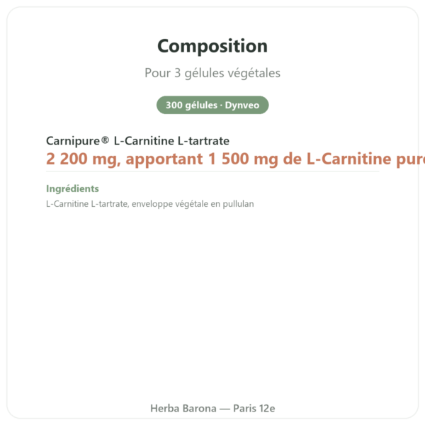 L-carnitine Dynveo (tartrate) Carnipure® – 500mg / 300 gélules composition valeurs nutritionnelles Paris Herba Barona