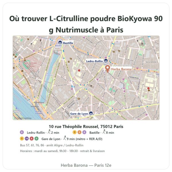 Ou trouver L-Citrulline poudre BioKyowa 90 g Nutrimuscle a Paris - plan boutique Herba Barona Paris 12e