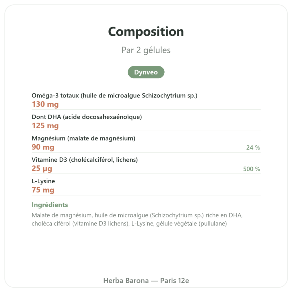 L' essentiel 3 – oméga-3 vitamine D magnésium – Dynveo – 60 Gél. – Cure 1 mois composition valeurs nutritionnelles Paris Herba Barona